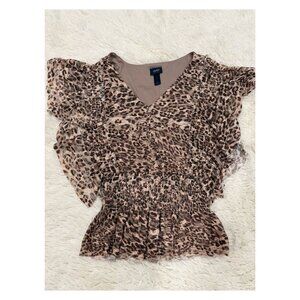 Day Trip Brown Leopard Short Sleeve Blouse - Size L